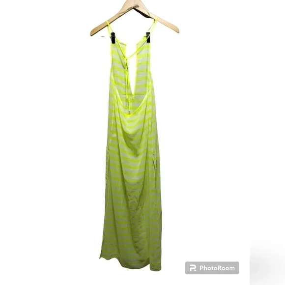 Gianni Bini Coverup Maxi Sheer Striped Neon Yellow Small Deep V Neck Beach Swim - Picture 2 of 7